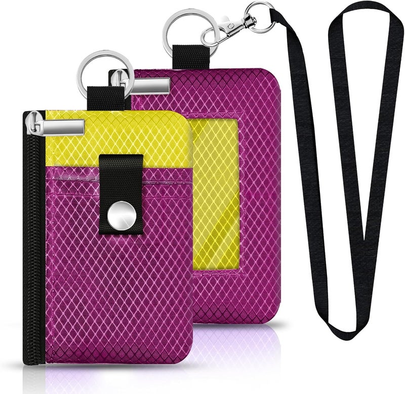 CCUMI Minimalist RFID Blocking Small Wallet with ID Window,WaterResistant Zip Id Case Wallet with Lanyard Keychain for Cards,Cash,Travel,Women,Men (Deep Purple Red/Lemon Yellow) - Image 1